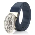 Men's navy blue woven canvas belt with vintage embossed alloy automatic buckle - Antique Silver Buckle - Royal Blue