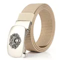 Men's khaki nylon canvas tactical belt with metallic 3D lion head automatic buckle - Antique Silver Buckle - Khaki