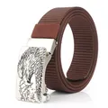 Cintura da uomo in tela marrone scuro con fibbia automatica ad aquila in argento - Fibbia in Argento Antico - Caffè