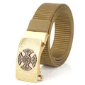 Unisex nylon canvas belt with khaki khaki tactical weave and golden embossed celtic buckle - Antique Copper Buckle - Wolf Brown
