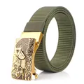 Men's military green nylon belt with a golden eagle buckle and textured canvas strap - Antique Copper Buckle - Army Green
