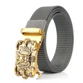 Men's grey nylon belt featuring a gold dragon buckle with detailed relief design - Dragon Head Relief Style / Antique Copper Buckle - Dark Gray