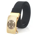 Black nylon woven belt with vintage gold celtic cross buckle on white background - Antique Copper Buckle - Black