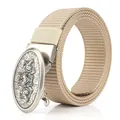 Men's khaki canvas belt featuring a vintage silver alloy buckle with wolf relief - Antique Silver Buckle - Khaki