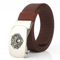 Coffee brown woven nylon belt for men with a silver metallic lion head buckle relief - Antique Silver Buckle - Coffee