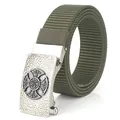 Army green nylon tactical belt with silver Celtic Cross alloy automatic buckle on white - Antique Silver Buckle - Army Green