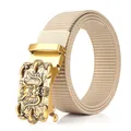Khaki nylon web belt for men featuring a metallic golden dragon embossed automatic buckle - Dragon Head Relief Style / Antique Copper Buckle - Khaki