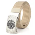 Unisex khaki canvas belt with vintage Celtic knot cross metal buckle on white background - Antique Silver Buckle - Khaki