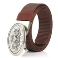 Men's brown nylon tactical belt featuring an embossed wolf head alloy buckle - Antique Silver Buckle - Coffee