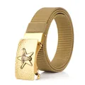 Khaki nylon tactical belt for men with gold bull head embossed automatic metal buckle - Antique Copper Buckle - Wolf Brown