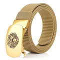 Khaki nylon canvas belt for men featuring a gold metal automatic buckle with lion head - Bronze Buckle - Wolf Brown