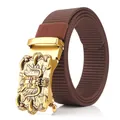 Brown nylon belt for men featuring a gold-toned automatic dragon buckle design - Dragon Head Relief Style / Antique Copper Buckle - Coffee