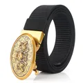 Men's black nylon canvas belt featuring a vintage gold wolf head alloy automatic buckle - Bronze Buckle - Black