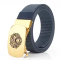 Men's dark blue nylon belt featuring a premium golden automatic buckle with lion head - Bronze Buckle - Royal Blue