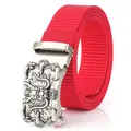 Men's red nylon belt featuring a vintage silver dragon buckle with embossed relief - Dragon Head Relief Style / Antique Silver Buckle - Red