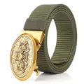 Nylon tactical belt in olive green with a golden wolf embossed metal buckle - Bronze Buckle - Army Green