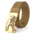 Men's khaki nylon tactical belt featuring a golden alloy buckle with rhino relief - Standard Length / Wolf Brown (Antique Bronze Buckle)