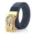 Cintura da uomo in tela di nylon blu navy con fibbia dorata e rilievo di aquila - Fibbia in Rame Antico - Blu Reale