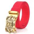 Red nylon canvas belt for men featuring a gold-tone Chinese dragon embossed buckle - Dragon Head Relief Style / Antique Copper Buckle - Red
