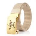 Men's khaki nylon belt with golden automatic buckle featuring star and bull head relief - Antique Copper Buckle - Khaki