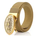 Men's khaki tactical nylon belt featuring a gold alloy buckle with embossed wolf head design - Bronze Buckle - Wolf Brown