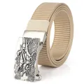Nylon belt for men with vintage alloy buckle featuring dinosaur relief pattern - Antique Silver Buckle - Khaki