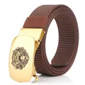 Brown nylon web belt with a gold automatic buckle featuring a 3D lion head relief - Bronze Buckle - Coffee