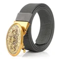 Men's charcoal grey nylon web belt with a gold wolf-engraved automatic alloy buckle - Bronze Buckle - Dark Gray