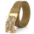 Khaki nylon woven belt with golden automatic metal buckle featuring dinosaur relief - Antique Copper Buckle - Wolf Brown