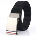 Men's black nylon tactical belt with silver automatic alloy buckle and stripe detail - 120cm / Silver Buckle - Black