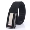 Cinturón de lona de nailon negro para hombre con hebilla automática de metal cepillado - Hebilla Plateada - Negro / 120cm