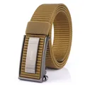Men's khaki nylon belt with ENNIU automatic metal buckle and woven texture - Silver Buckle (ENNIU) / Coyote Brown