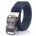 Men's navy nylon web belt with dark grey alloy automatic buckle and wolf head logo - 120cm / Black Buckle - Royal Blue