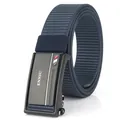 Cintura da uomo in nylon blu scuro con fibbia automatica in lega nera e logo - Fibbia Nera Blu Reale
