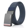 Men's navy blue nylon belt with black matte automatic alloy buckle and logo - 120cm / Black Buckle - Royal Blue