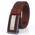 Brown nylon tactical belt for men with matte gunmetal automatic buckle and weave strap - Silver Buckle (ENNIU) / Coffee