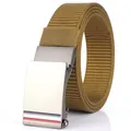 Khaki nylon woven belt with silver automatic metal buckle and three-color stripe detail - 120cm / Silver Buckle - Wolf Brown