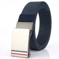 Men's dark blue nylon belt with golden automatic metal buckle and tricolor stripes - 120cm / Silver Buckle - Royal Blue