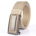 Khaki nylon web belt for men with matte dark gray automatic buckle by ENNIU - Silver Buckle (ENNIU) / Khaki