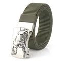 Men's outdoor army green nylon belt with vintage silver rhino embossed buckle - Standard Length / Military Green (Silver Buckle)
