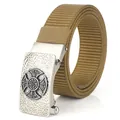 Khaki nylon canvas belt featuring vintage silver Celtic cross buckle for men and women - Antique Silver Buckle - Wolf Brown
