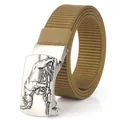 Men's khaki nylon tactical belt with vintage silver rhino embossed automatic buckle - Standard Length / Coyote Brown (Silver Buckle)