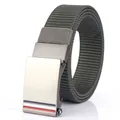 Army green nylon belt for men featuring a brushed metal automatic buckle with stripes - 120cm / Silver Buckle - Dark Gray
