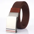 Dark brown woven nylon belt with silver brushed alloy automatic buckle for men - 120cm / Silver Buckle - Coffee