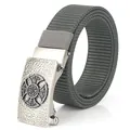 Tactical nylon canvas belt in grey with Celtic cross emblem metal buckle for unisex - Antique Silver Buckle - Dark Gray