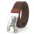 Men's dark brown nylon belt featuring a vintage silver rhino relief buckle detail - Standard Length / Coffee (Silver Buckle)