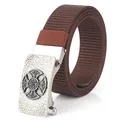Deep brown canvas belt featuring a vintage silver metal buckle with celtic relief - Antique Silver Buckle - Coffee