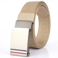 Men's khaki nylon belt with automatic gunmetal alloy buckle and striped detail - 120cm / Silver Buckle - Khaki