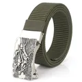 Army green nylon belt with a silver automatic buckle featuring dinosaur relief - Antique Silver Buckle - Army Green