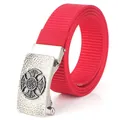 Unisex red canvas belt with silver Celtic knot buckle and durable nylon weaving - Antique Silver Buckle - Red